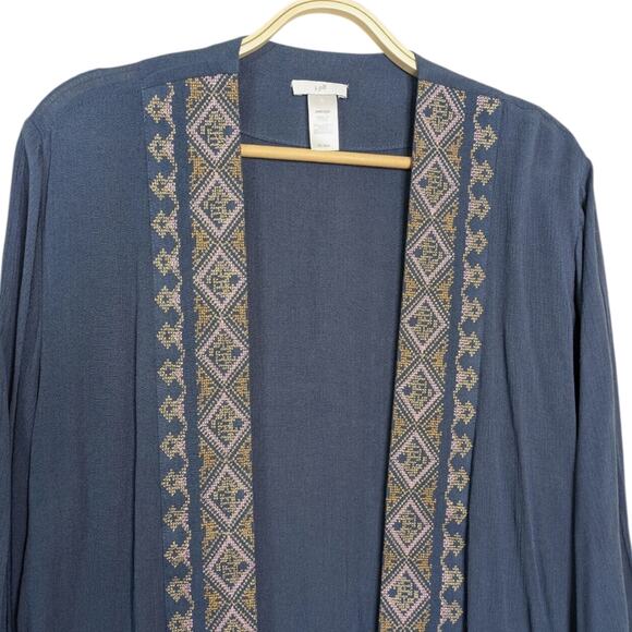 J. Jill Kimono One Size Open Front Gauze Cardigan Boho Geometric Embroidered Tri - Picture 3 of 12